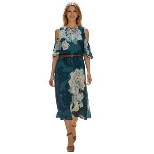 Maeve Anthropologie Teal Floral Cold Shoulder Ruffle Midi Dress Small‎ Boho $128
